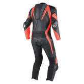 Men's leather motorcycle suit with high visibility reflectors, steel shoulder molds, and CE approved protection for safety.